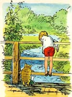 Christopher Robin, Pooh and Piglet playing poohsticks